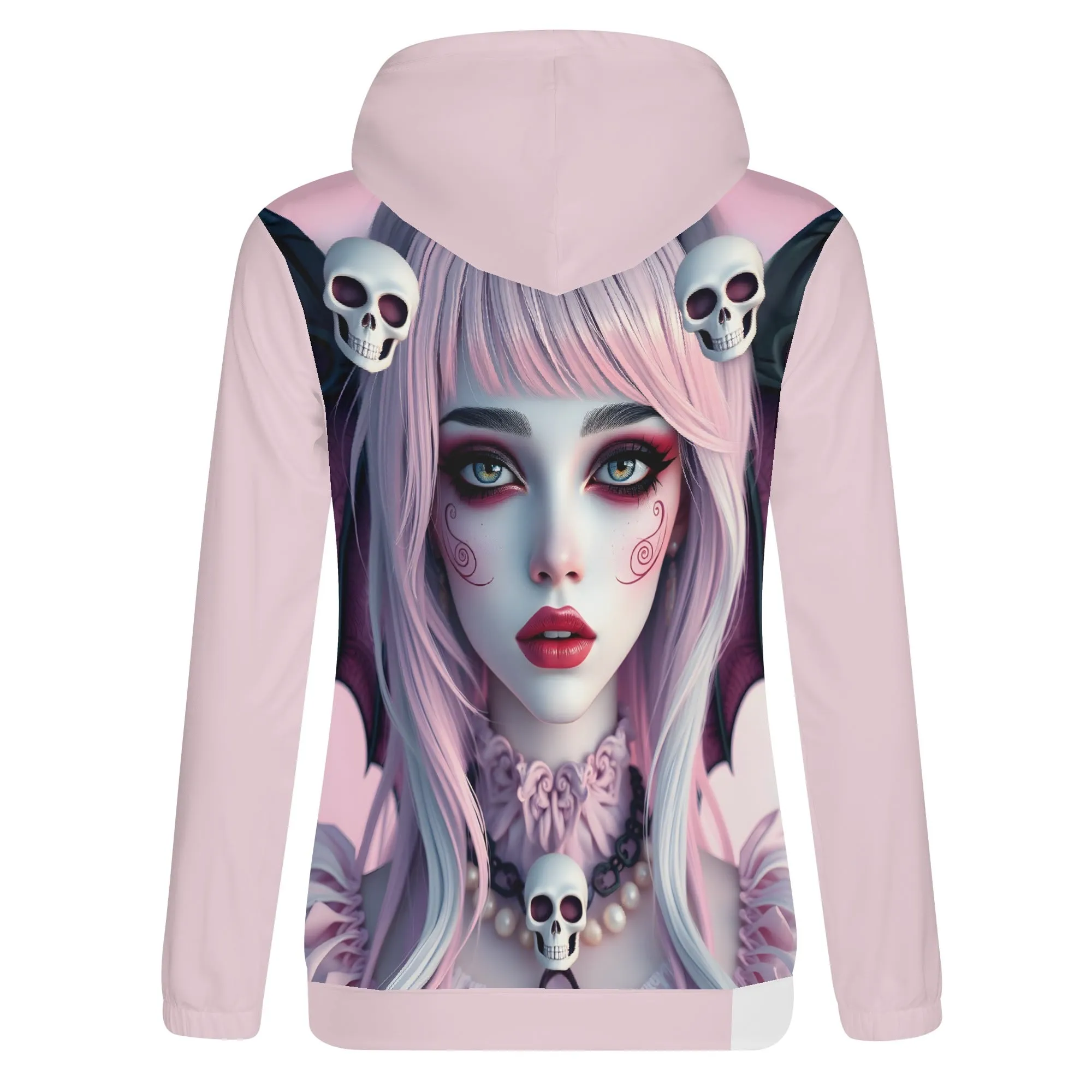 Pastel Pink Goth Hoodie – Lightweight Women’s Skulls & Wings Hoodie