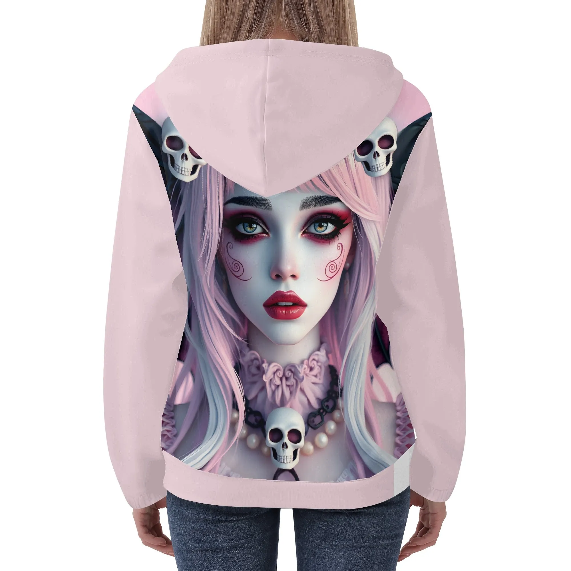 Pastel Pink Goth Hoodie – Lightweight Women’s Skulls & Wings Hoodie