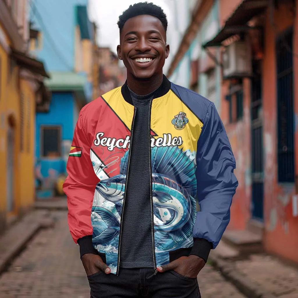 Personalised Afro Seychelles Bomber Jacket Sailfish With Coat Of Arms LT15
