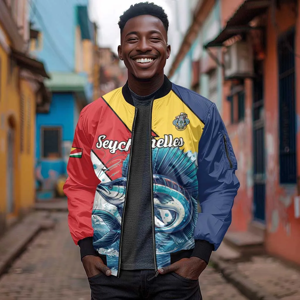 Personalised Afro Seychelles Sleeve Zip Bomber Jacket Sailfish With Coat Of Arms LT15