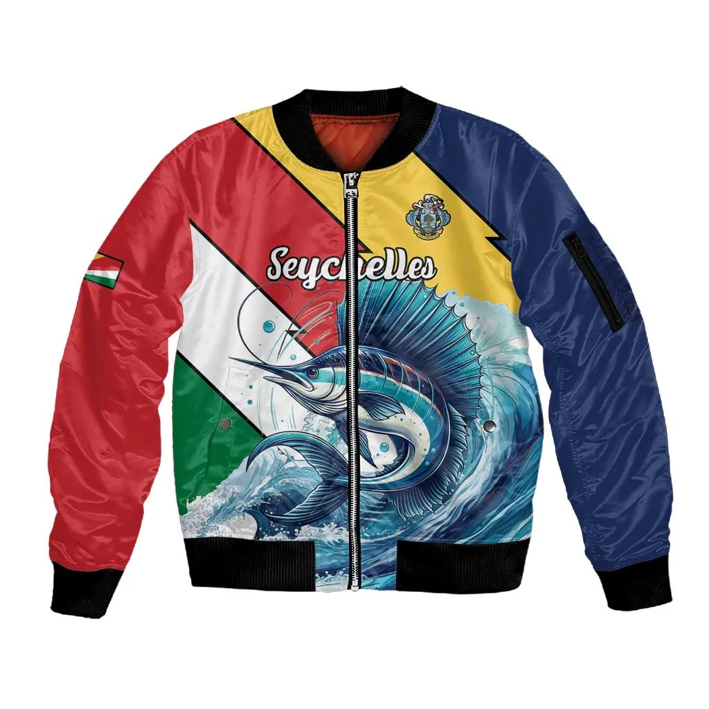 Personalised Afro Seychelles Sleeve Zip Bomber Jacket Sailfish With Coat Of Arms LT15
