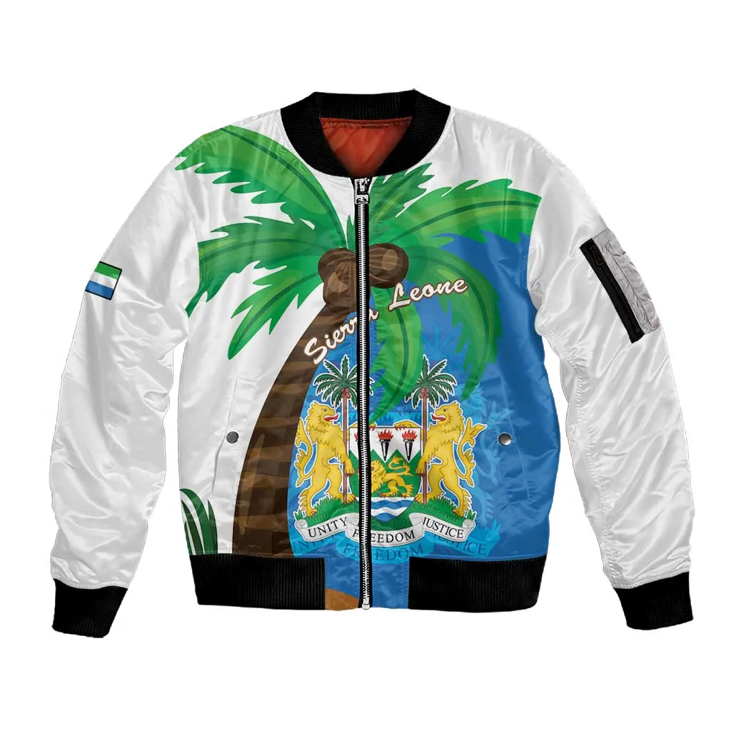 Personalised Afro Sierra Leone Sleeve Zip Bomber Jacket Coat Of Arms With Flag Map LT15