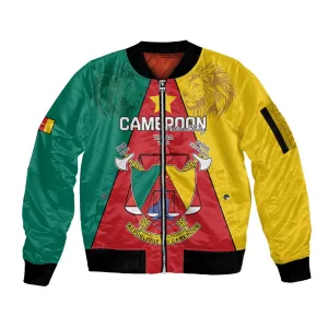 Personalised Cameroon National Day Sleeve Zip Bomber Jacket Lion Mix Coat Of Arms Style LT15