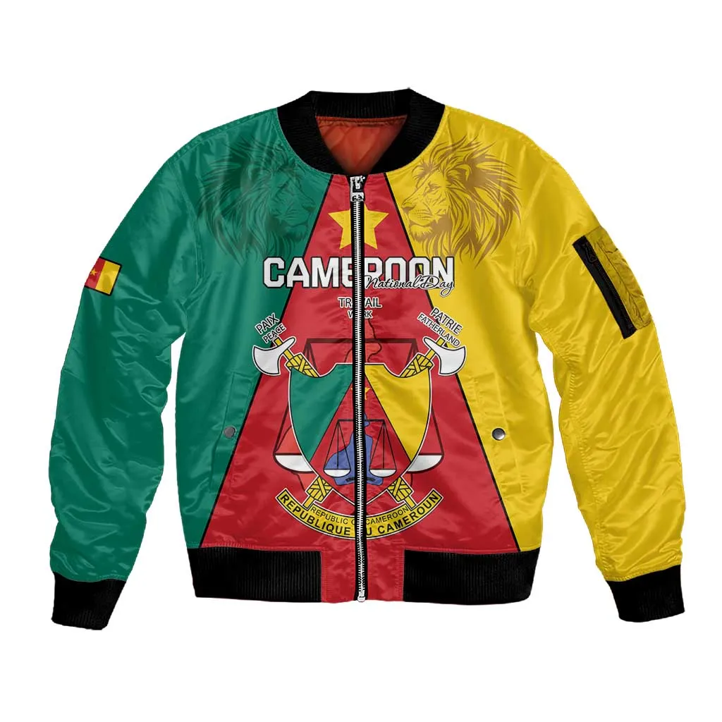 Personalised Cameroon National Day Sleeve Zip Bomber Jacket Lion Mix Coat Of Arms Style LT15