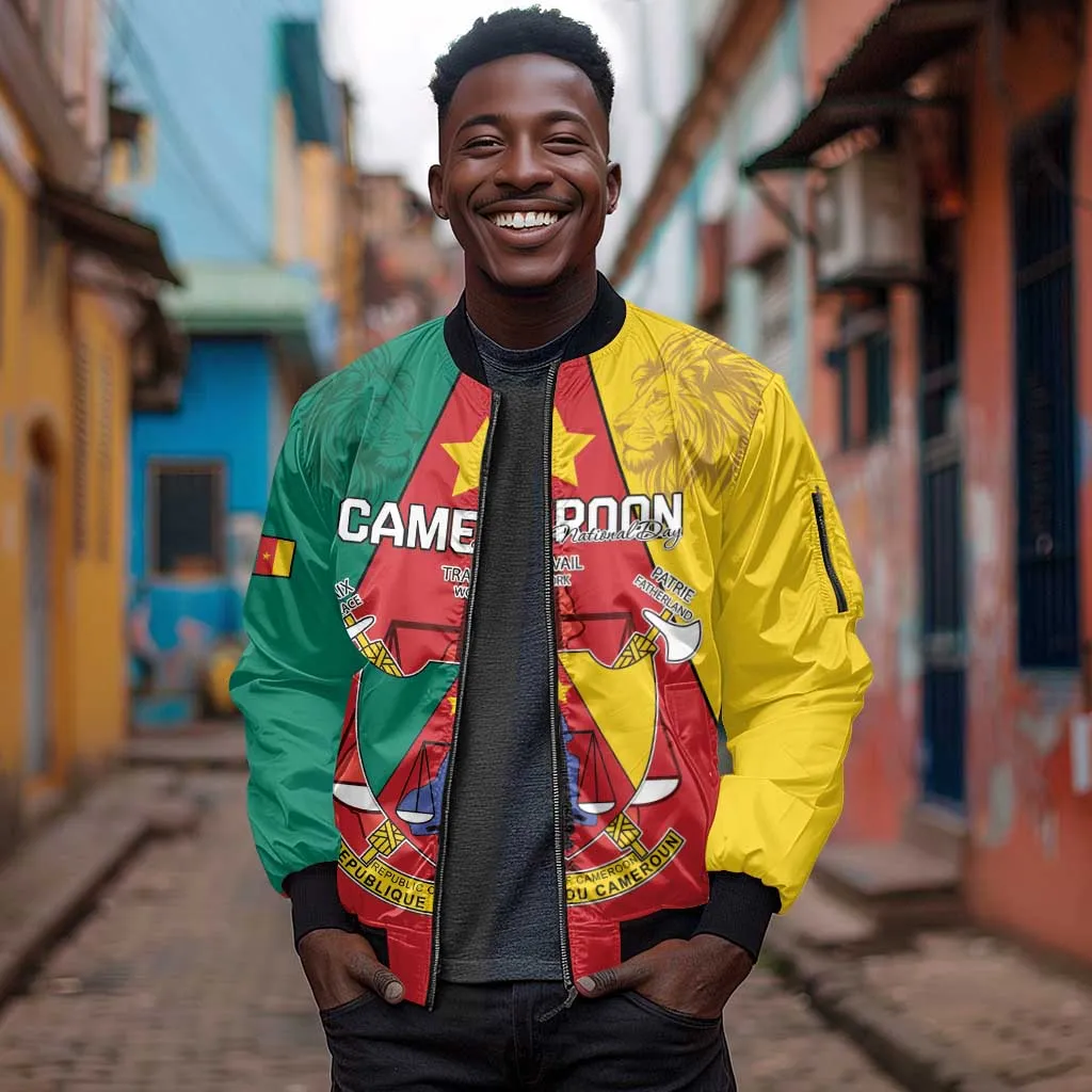 Personalised Cameroon National Day Sleeve Zip Bomber Jacket Lion Mix Coat Of Arms Style LT15
