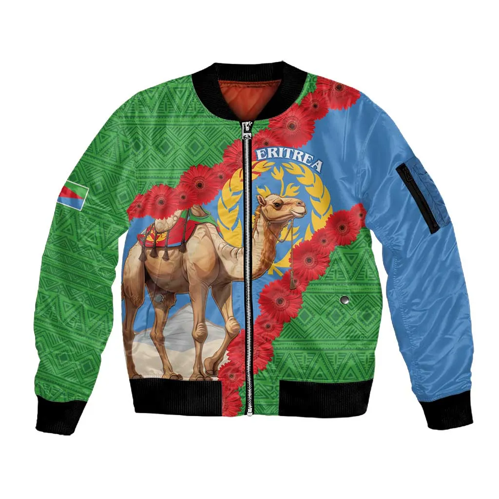 Personalised Eritrea Arabian Camel Sleeve Zip Bomber Jacket Gerbera Flower - Flag Color LT15