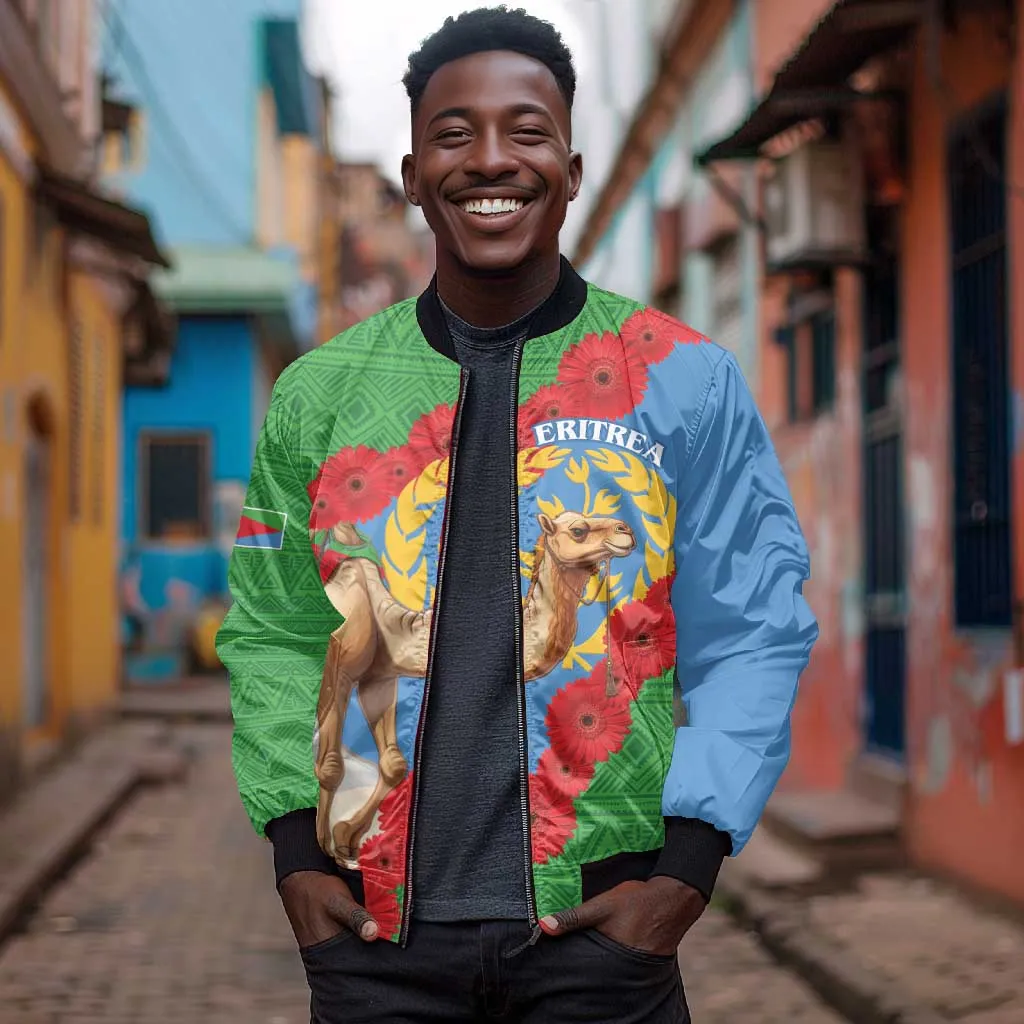 Personalised Eritrea Arabian Camel Sleeve Zip Bomber Jacket Gerbera Flower - Flag Color LT15