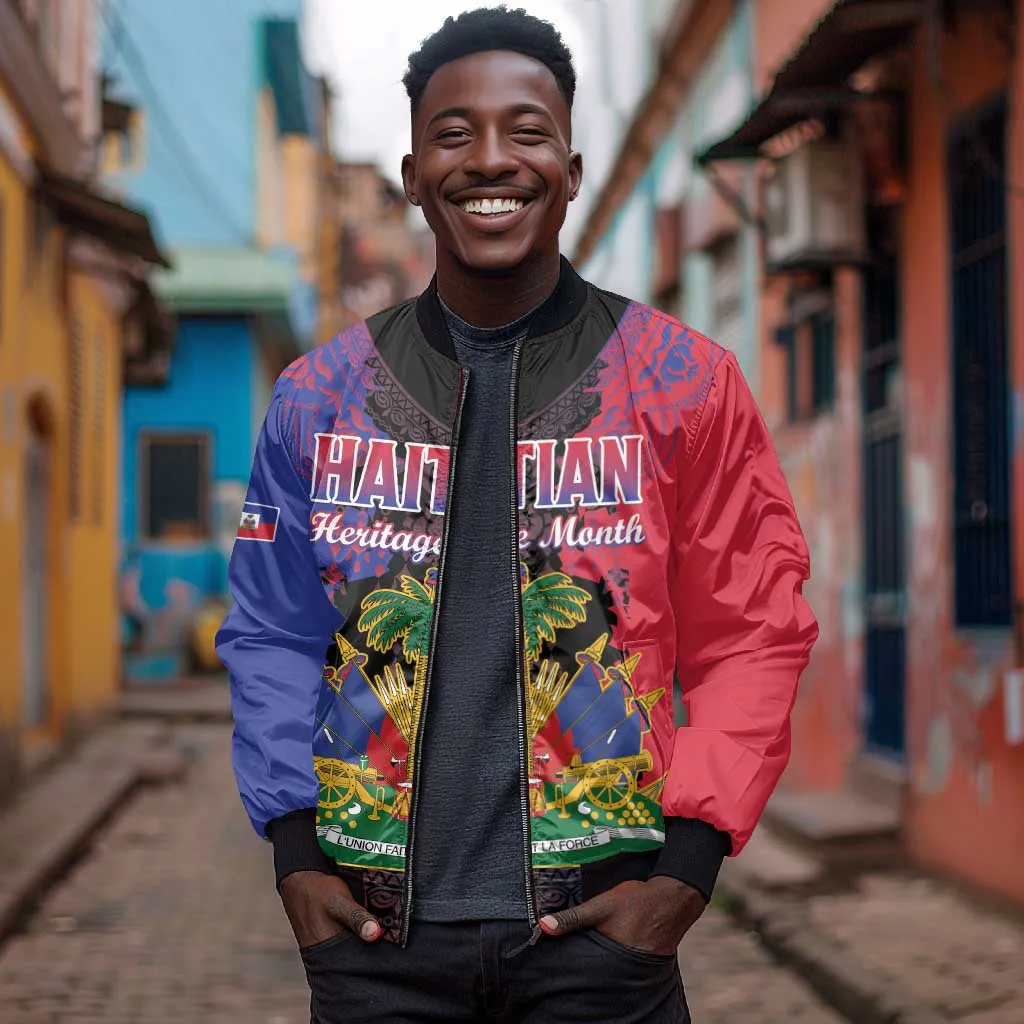 Personalised Haitian Heritage Month Bomber Jacket Coat Of Arms With Dashiki Pattern LT15