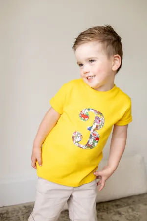 Personalised or Number Yellow T-Shirt in Dinosaur Liberty Print