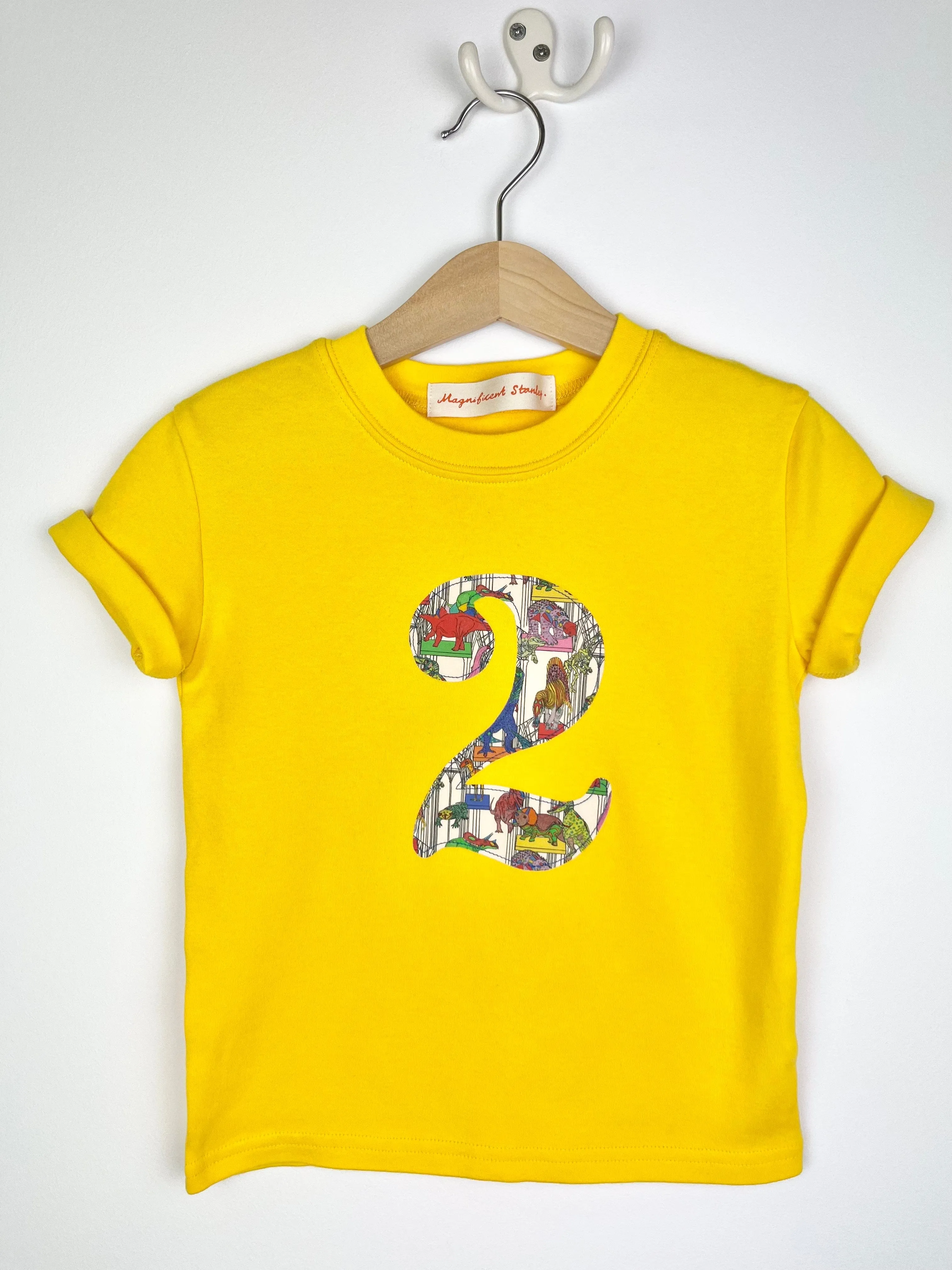 Personalised or Number Yellow T-Shirt in Dinosaur Liberty Print