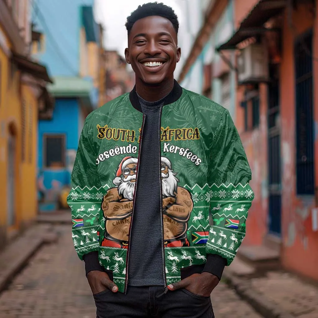 Personalised South Africa Christmas Bomber Jacket Cool Santa Claus With South African Map LT14