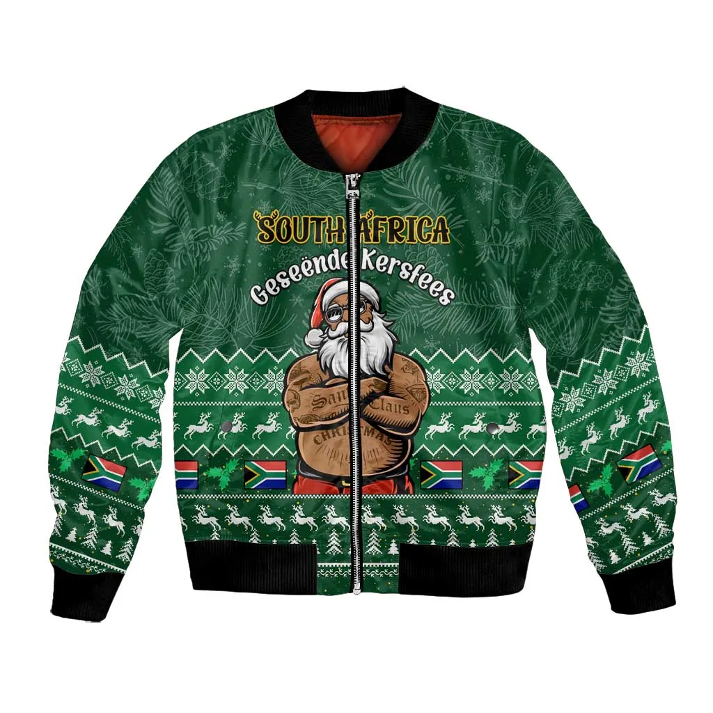 Personalised South Africa Christmas Bomber Jacket Cool Santa Claus With South African Map LT14