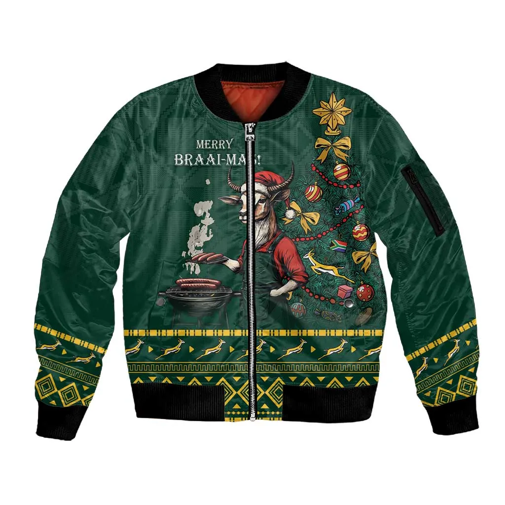 Personalised South Africa Sleeve Zip Bomber Jacket Springbok Christmas Braai LT7