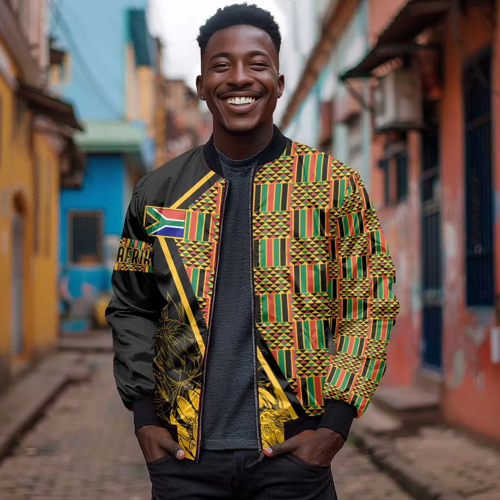 Personalised South African Heritage Day Bomber Jacket Kente Ethnic Patterns Mix Protea LT7