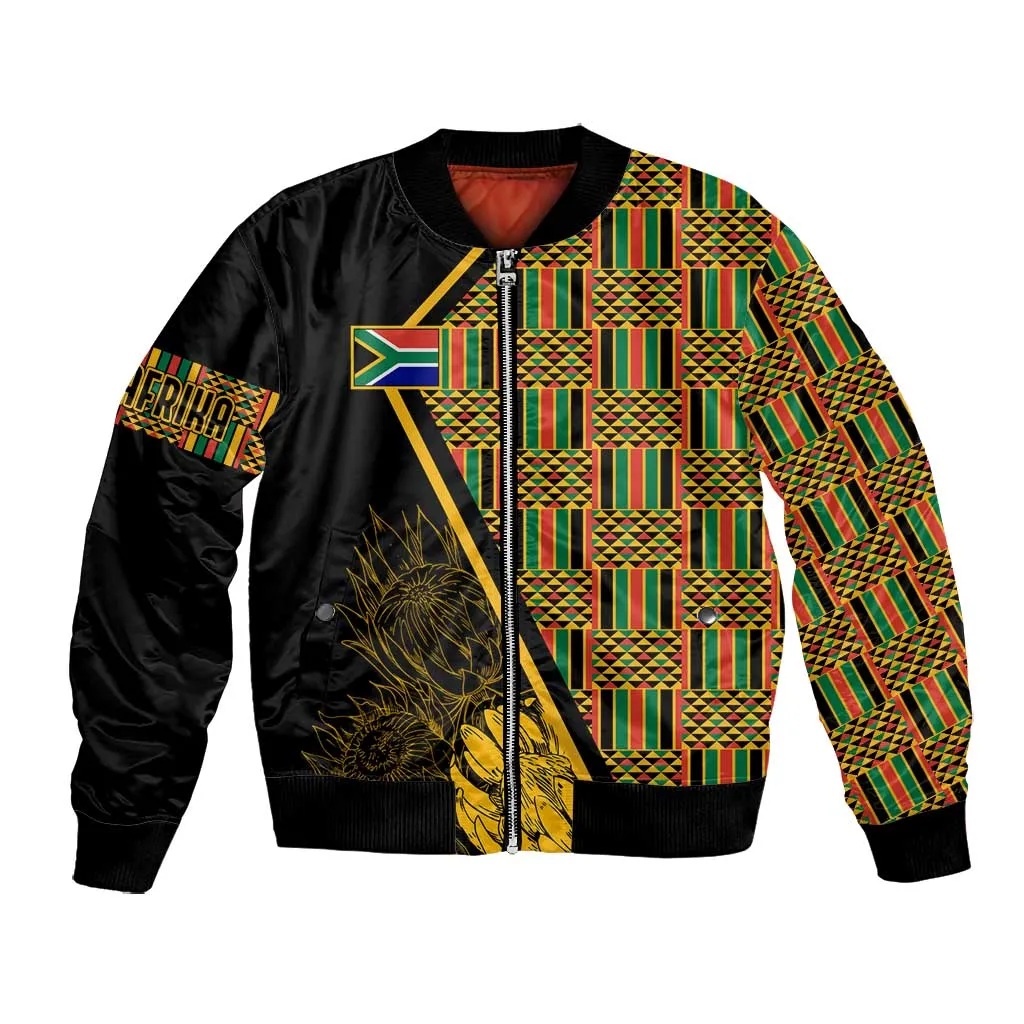 Personalised South African Heritage Day Bomber Jacket Kente Ethnic Patterns Mix Protea LT7