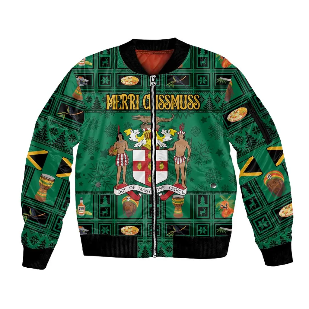 Personalized Afro-Jamaicans Merri Crissmuss Sleeve Zip Bomber Jacket Coat Of Arms - Xmas LT18