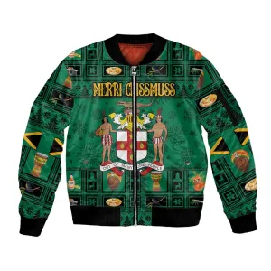 Personalized Afro-Jamaicans Merri Crissmuss Sleeve Zip Bomber Jacket Coat Of Arms - Xmas LT18