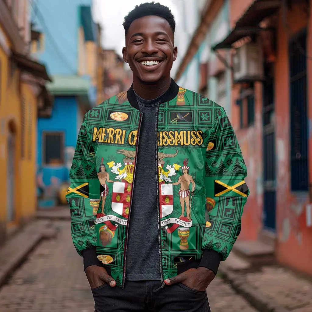 Personalized Afro-Jamaicans Merri Crissmuss Sleeve Zip Bomber Jacket Coat Of Arms - Xmas LT18