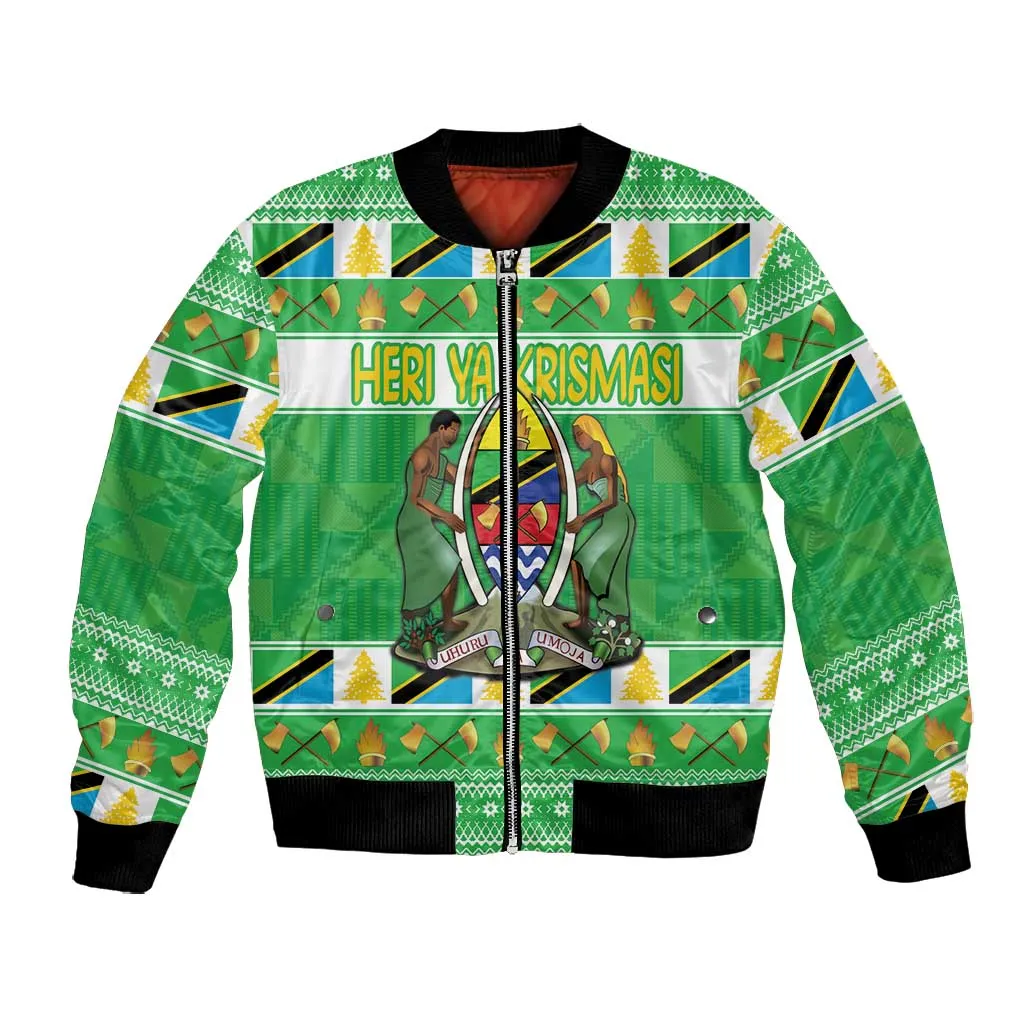 Personalized Afro Tanzania Christmas Bomber Jacket Heri ya Krismasi With Coat Of Arms LT18