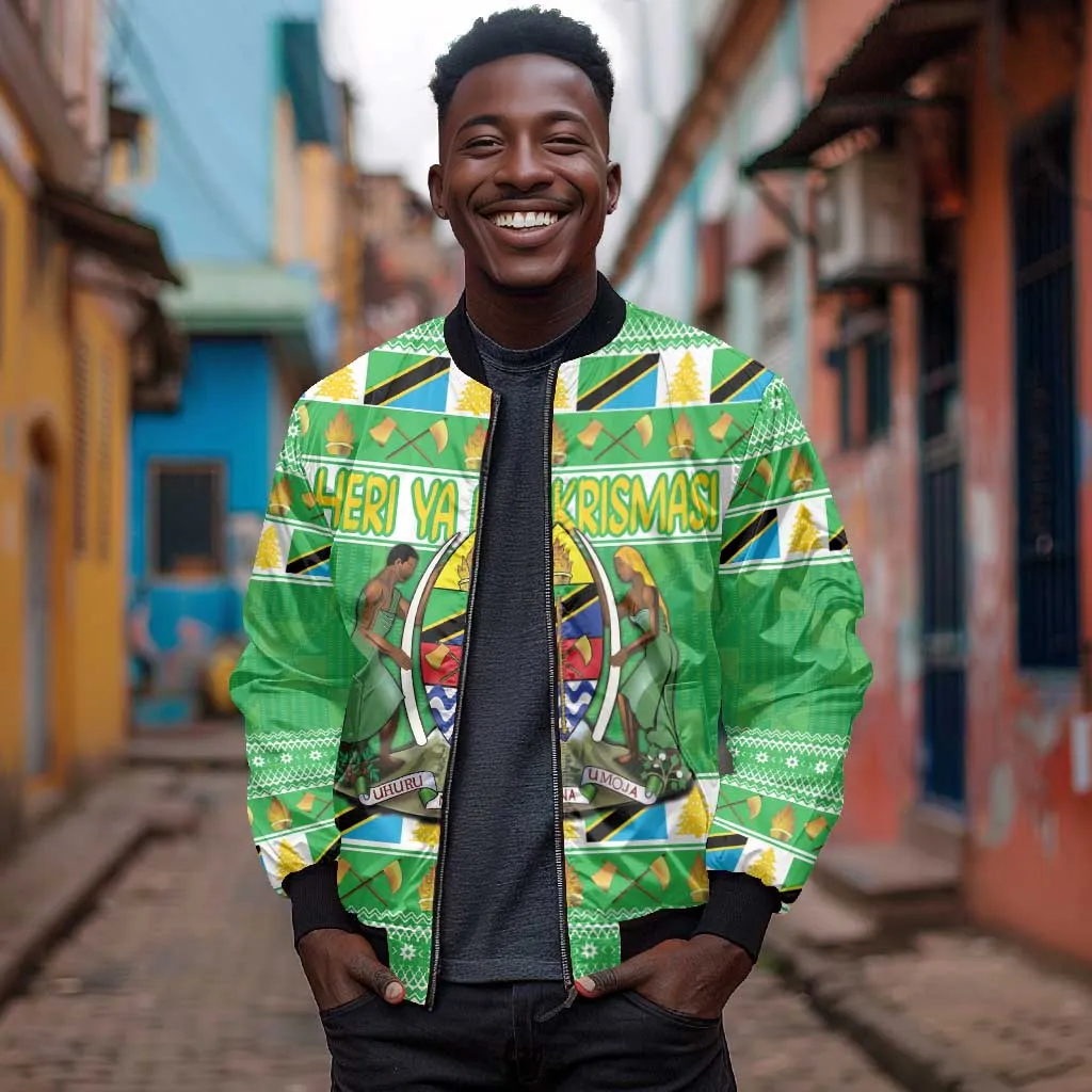 Personalized Afro Tanzania Christmas Bomber Jacket Heri ya Krismasi With Coat Of Arms LT18