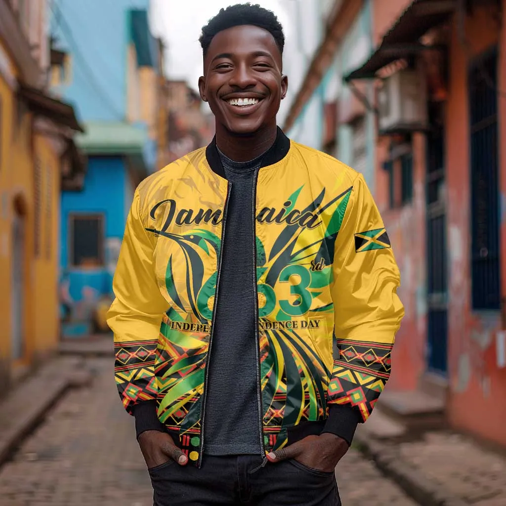 Personalized Black Jamaican Independence Day 1962 Bomber Jacket Jumieka Streamertail Reggae Pattern LT01