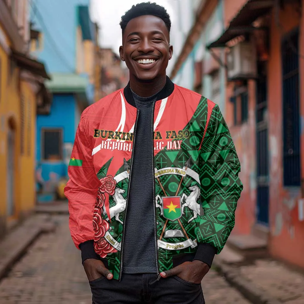 Personalized Burkina Faso Republic Day Bomber Jacket Bogolan Mudcloth - Coat Of Arms Design LT14