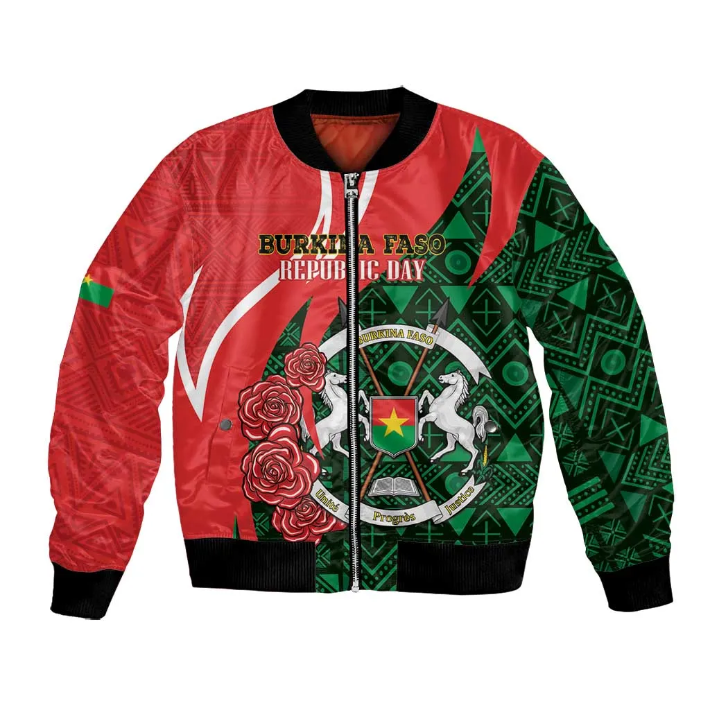 Personalized Burkina Faso Republic Day Bomber Jacket Bogolan Mudcloth - Coat Of Arms Design LT14