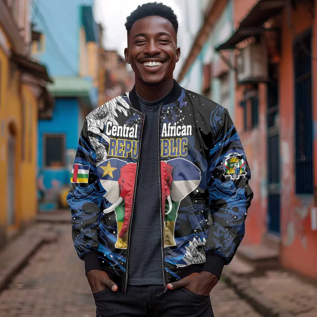 Personalized Central African Republic Bomber Jacket Elephant With King Protea LT18