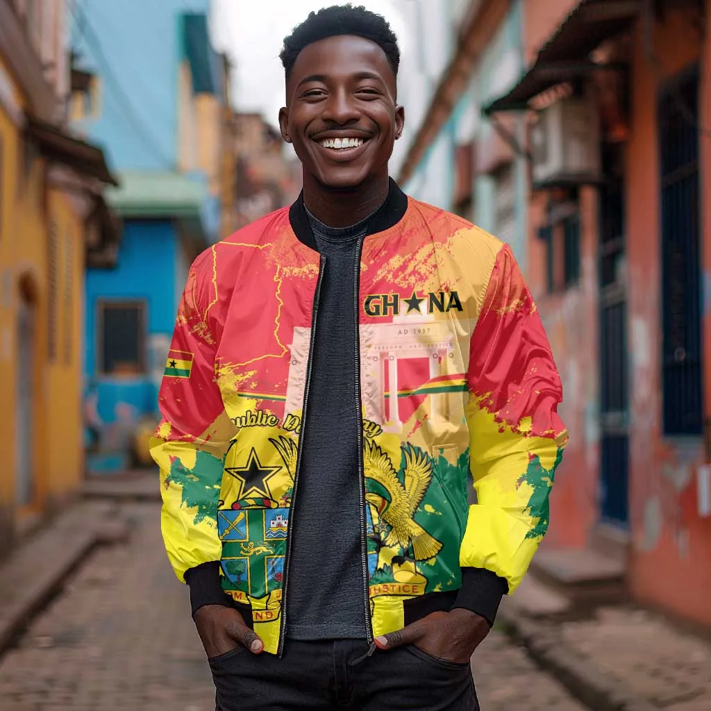 Personalized Ghana Republic Day Bomber Jacket Black Star Square - Grunge Style LT15