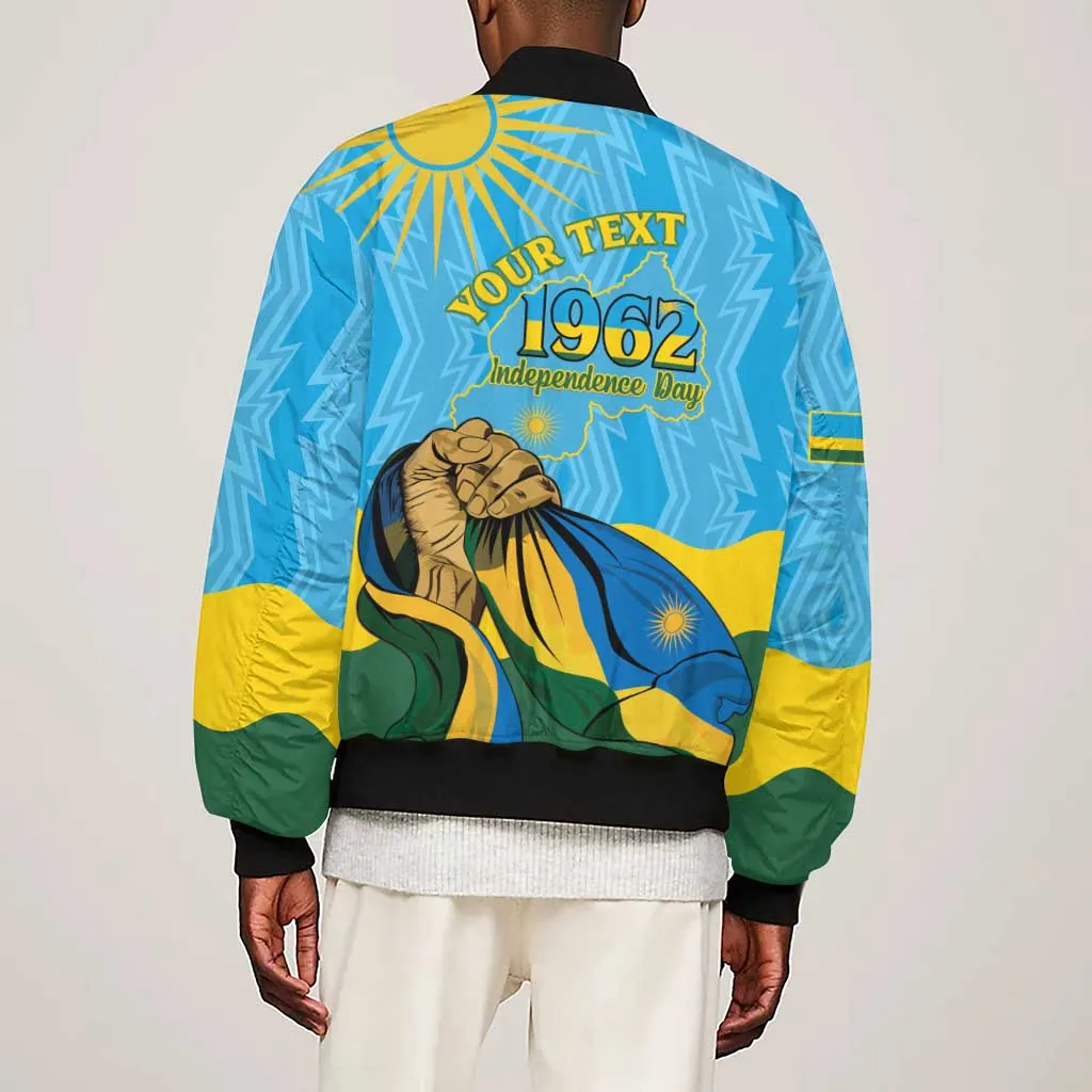 Personalized Happy Rwanda Independence Day Sleeve Zip Bomber Jacket Coat Of Arms With Map LT15