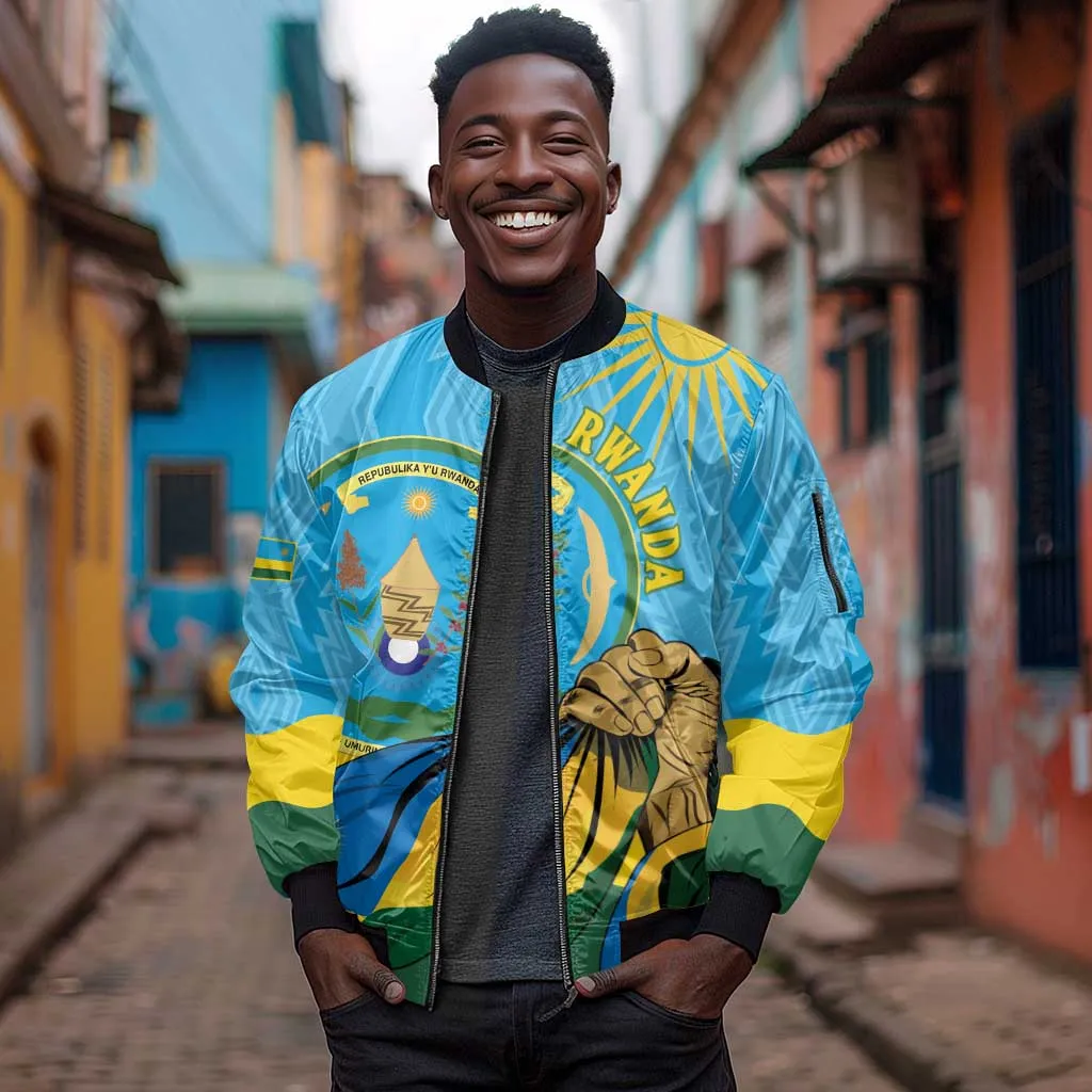 Personalized Happy Rwanda Independence Day Sleeve Zip Bomber Jacket Coat Of Arms With Map LT15