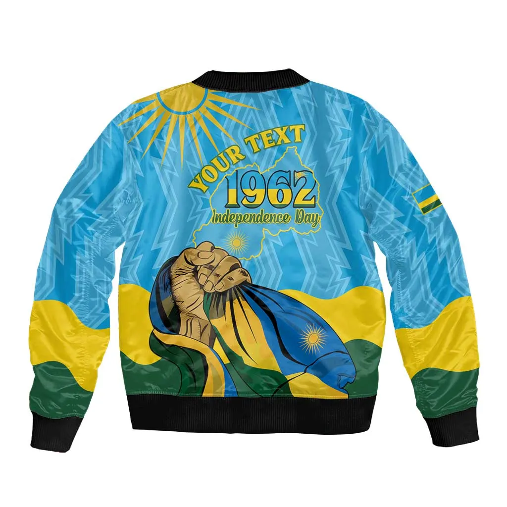 Personalized Happy Rwanda Independence Day Sleeve Zip Bomber Jacket Coat Of Arms With Map LT15