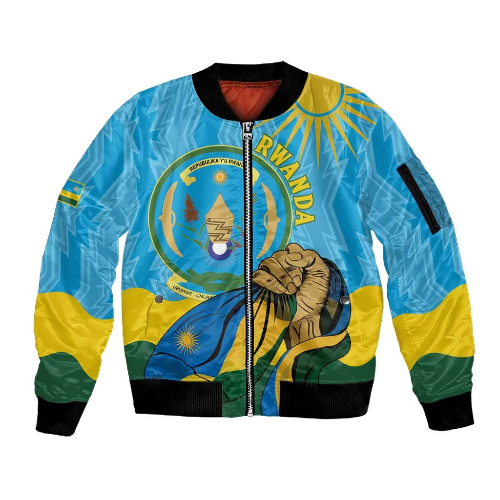 Personalized Happy Rwanda Independence Day Sleeve Zip Bomber Jacket Coat Of Arms With Map LT15