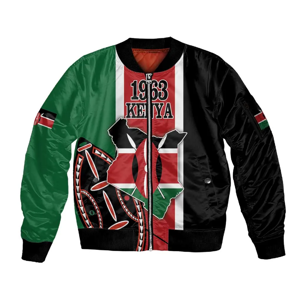 Personalized Jamhuri Day Sleeve Zip Bomber Jacket Kenya Map With African Shield LT18