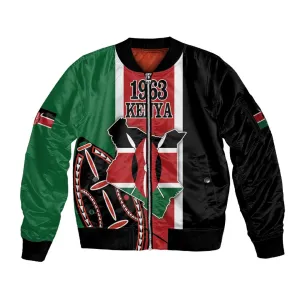 Personalized Jamhuri Day Sleeve Zip Bomber Jacket Kenya Map With African Shield LT18