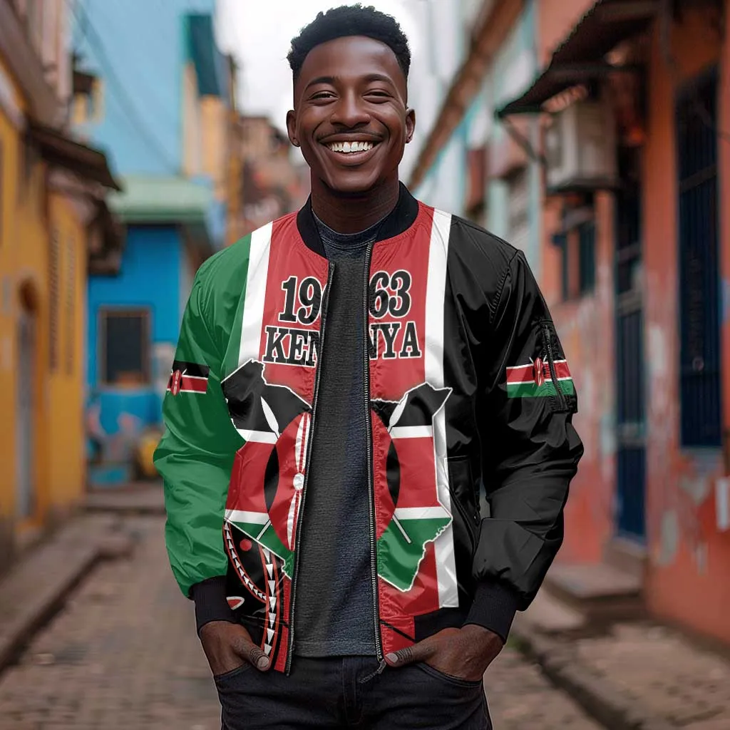 Personalized Jamhuri Day Sleeve Zip Bomber Jacket Kenya Map With African Shield LT18