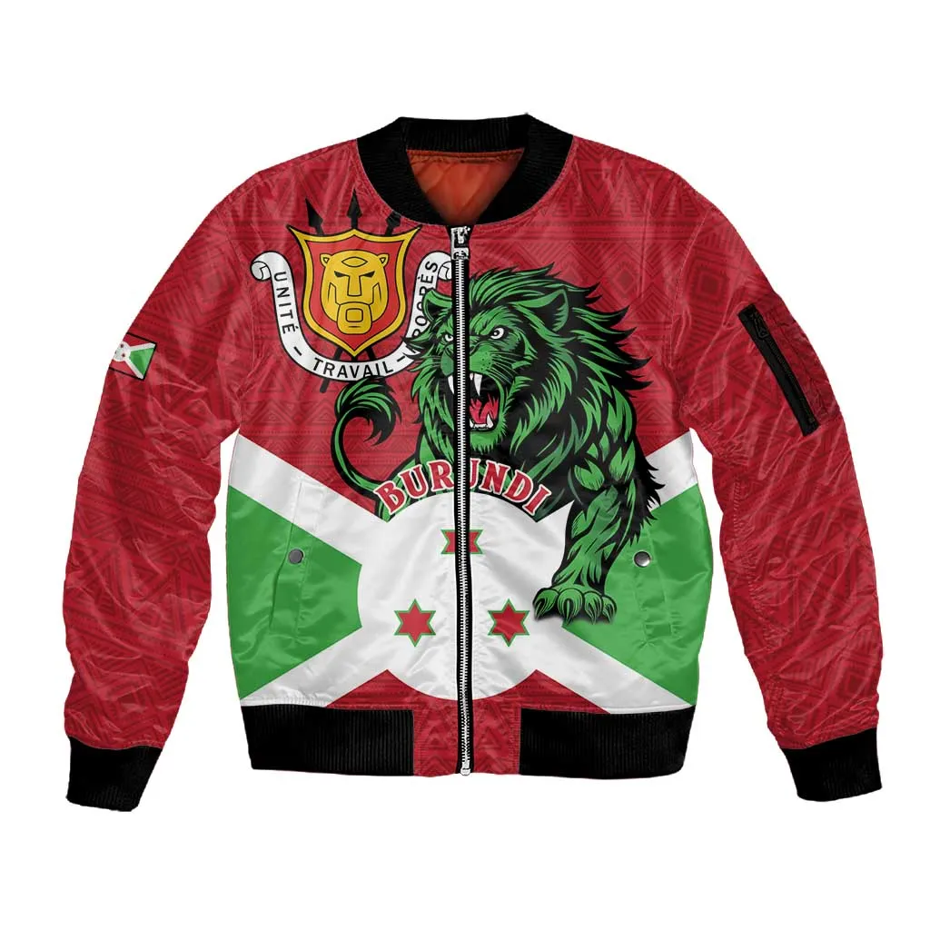 Personalized Jamhuri ya Burundi Sleeve Zip Bomber Jacket Lion With Coat Of Arms - Flag Style LT15