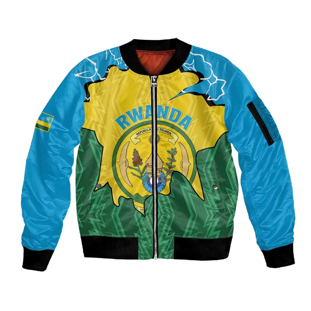 Personalized Jamhuri ya Rwanda Sleeve Zip Bomber Jacket Coat Of Arms Imigongo Pattern LT15