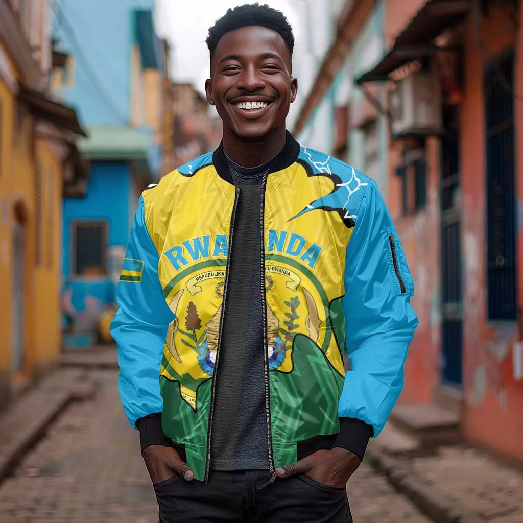 Personalized Jamhuri ya Rwanda Sleeve Zip Bomber Jacket Coat Of Arms Imigongo Pattern LT15
