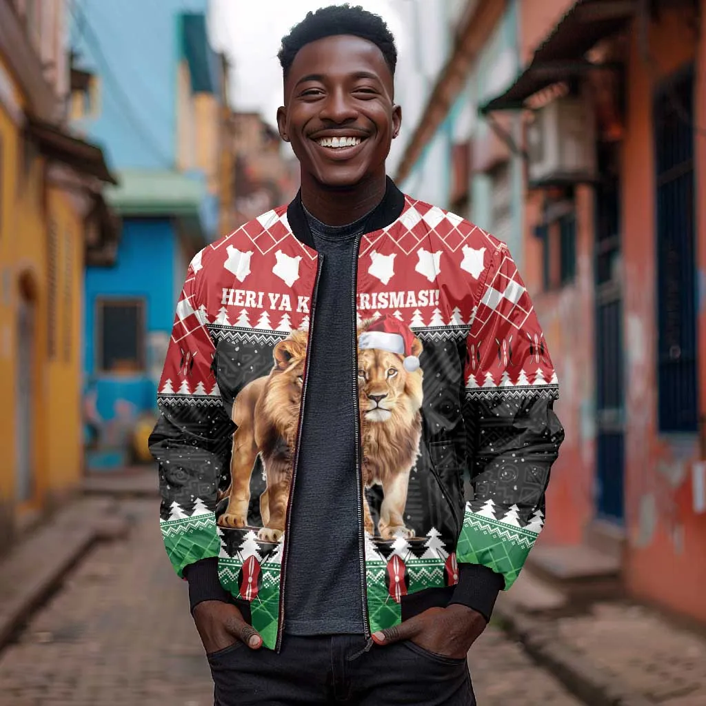 Personalized Kenya Christmas Bomber Jacket Lion Santa - Heri Ya Krismasi! LT14