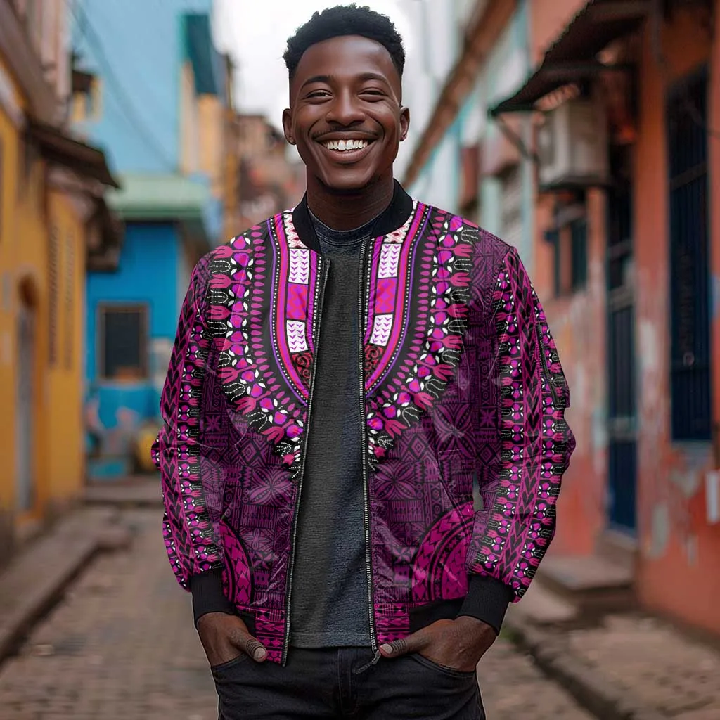 Pink Dashiki and Tapa Pattern Sleeve Zip Bomber Jacket Africa-Polynesia Together Culture LT9