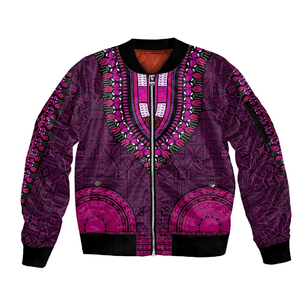 Pink Dashiki and Tapa Pattern Sleeve Zip Bomber Jacket Africa-Polynesia Together Culture LT9