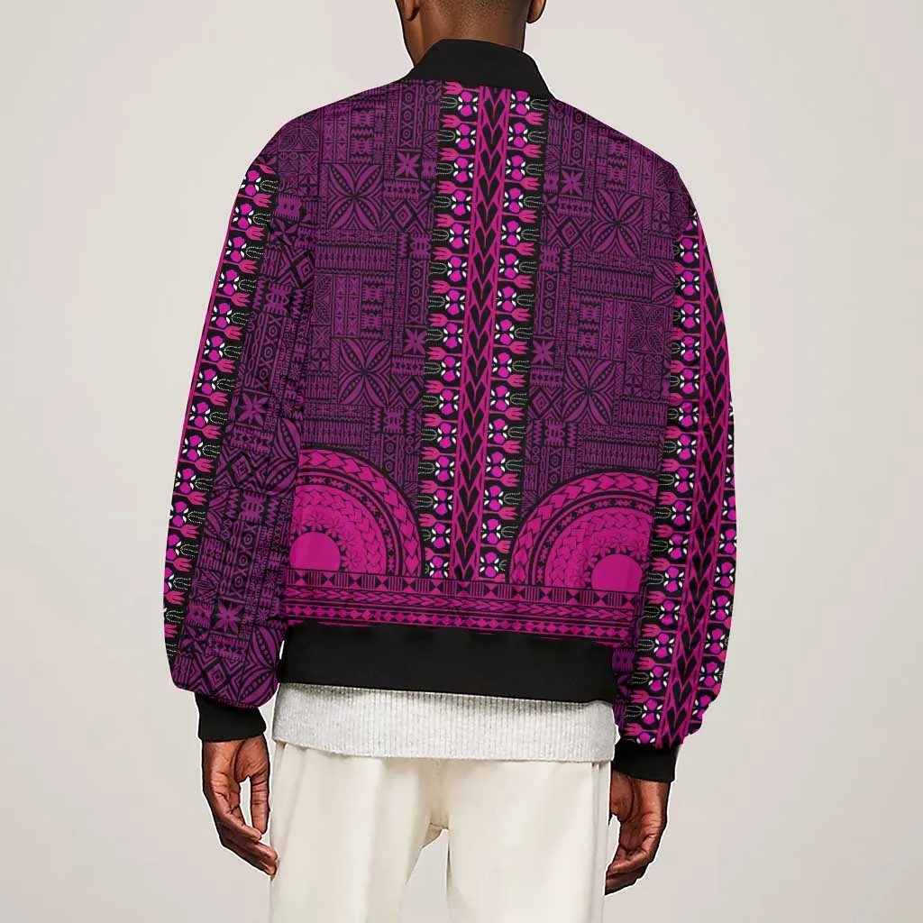 Pink Dashiki and Tapa Pattern Sleeve Zip Bomber Jacket Africa-Polynesia Together Culture LT9