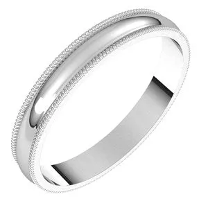 Platinum 3 mm Milgrain Half Round Light Band Size 10
