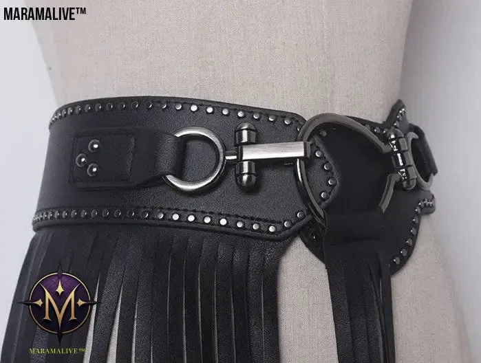 Punk Style Long Fringed Skirt Women's Studded Elastic Black Belt