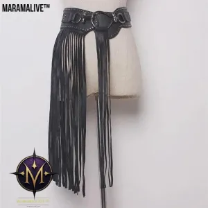 Punk Style Long Fringed Skirt Women's Studded Elastic Black Belt