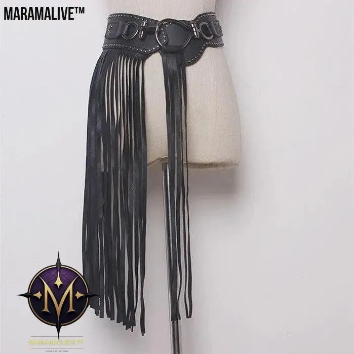Punk Style Long Fringed Skirt Women's Studded Elastic Black Belt