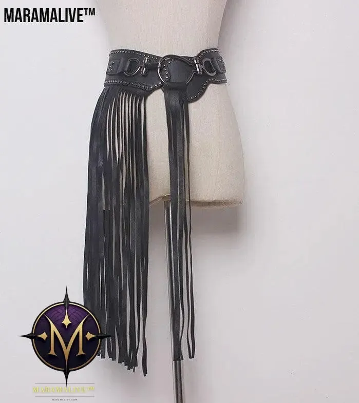 Punk Style Long Fringed Skirt Women's Studded Elastic Black Belt