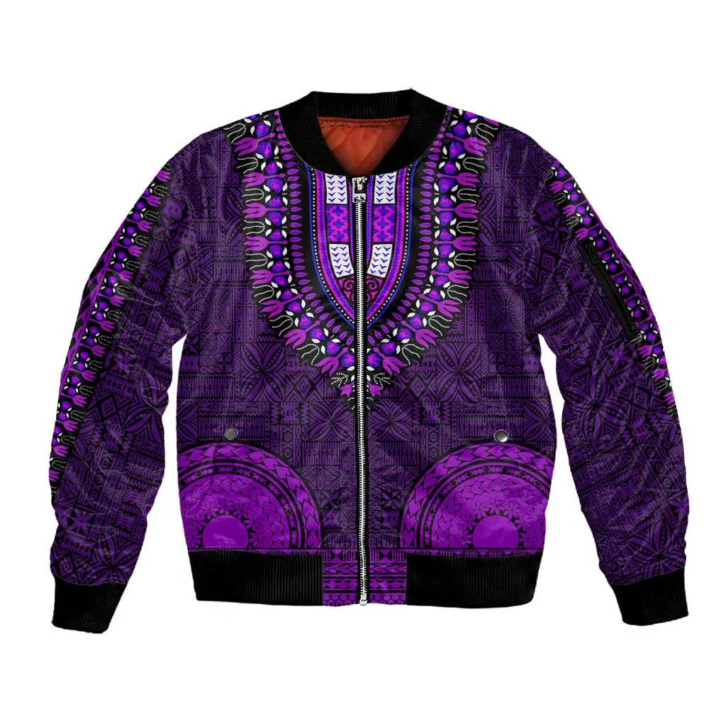 Purple Dashiki and Tapa Pattern Sleeve Zip Bomber Jacket Africa-Polynesia Together Culture LT9