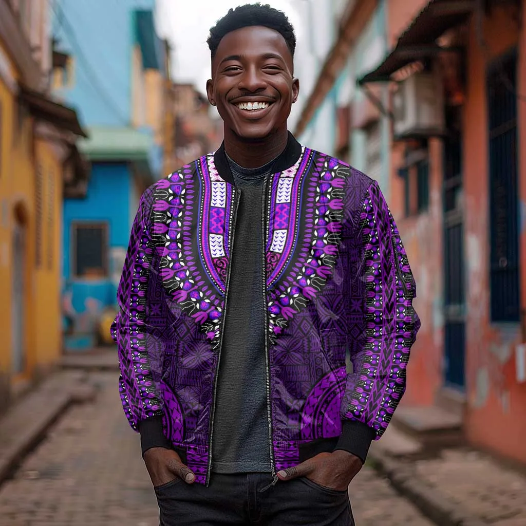 Purple Dashiki and Tapa Pattern Sleeve Zip Bomber Jacket Africa-Polynesia Together Culture LT9
